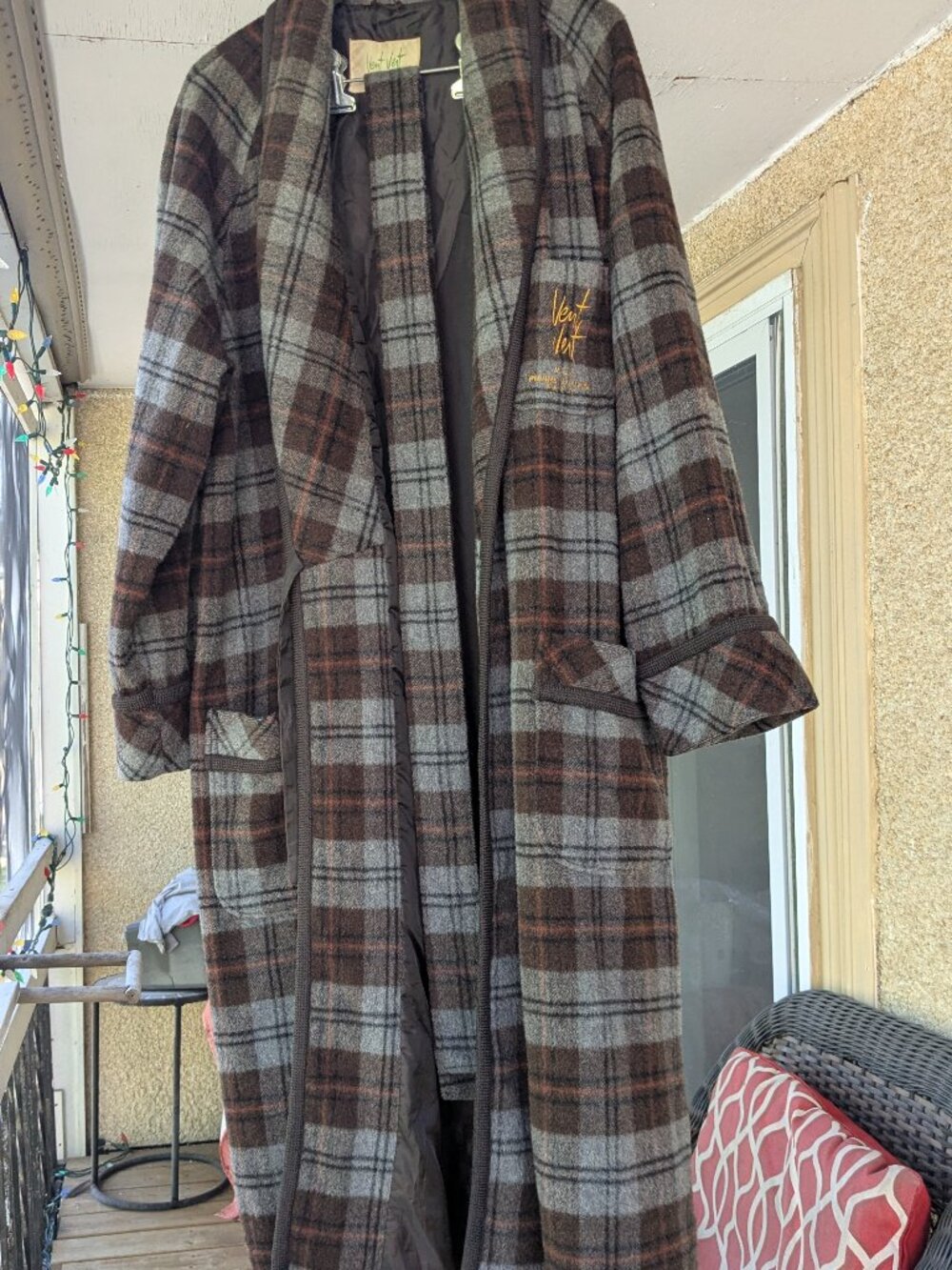 VTG Pierre Balmain Vent Vert Plaid Wool Robe Coat Jacket Japan Market size L